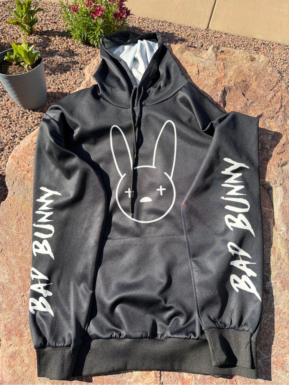 Bad Bunny Bunny Face Hoodie Size Large Black Graphic Pullover Sweatshirt